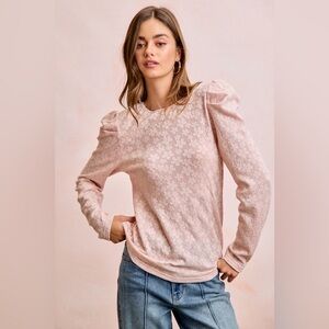 BiBi Textured Flower Knit Puff Shoulder Top